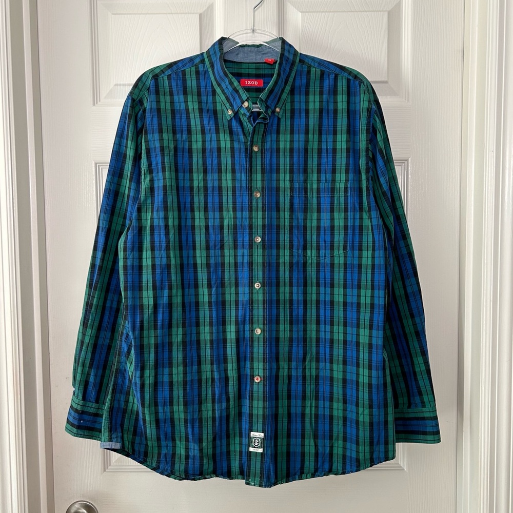 Izod Blye and Green Plaid Button Down Long Sleeve Shirt Casual Fall
